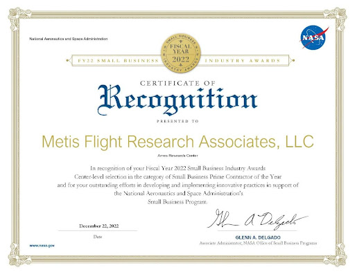 Metis Flight Research Associates, LLC Prime Contractor of the Year Award Certificate