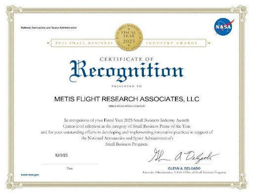 Award certificate for Metis Flight Research Associates, LLC