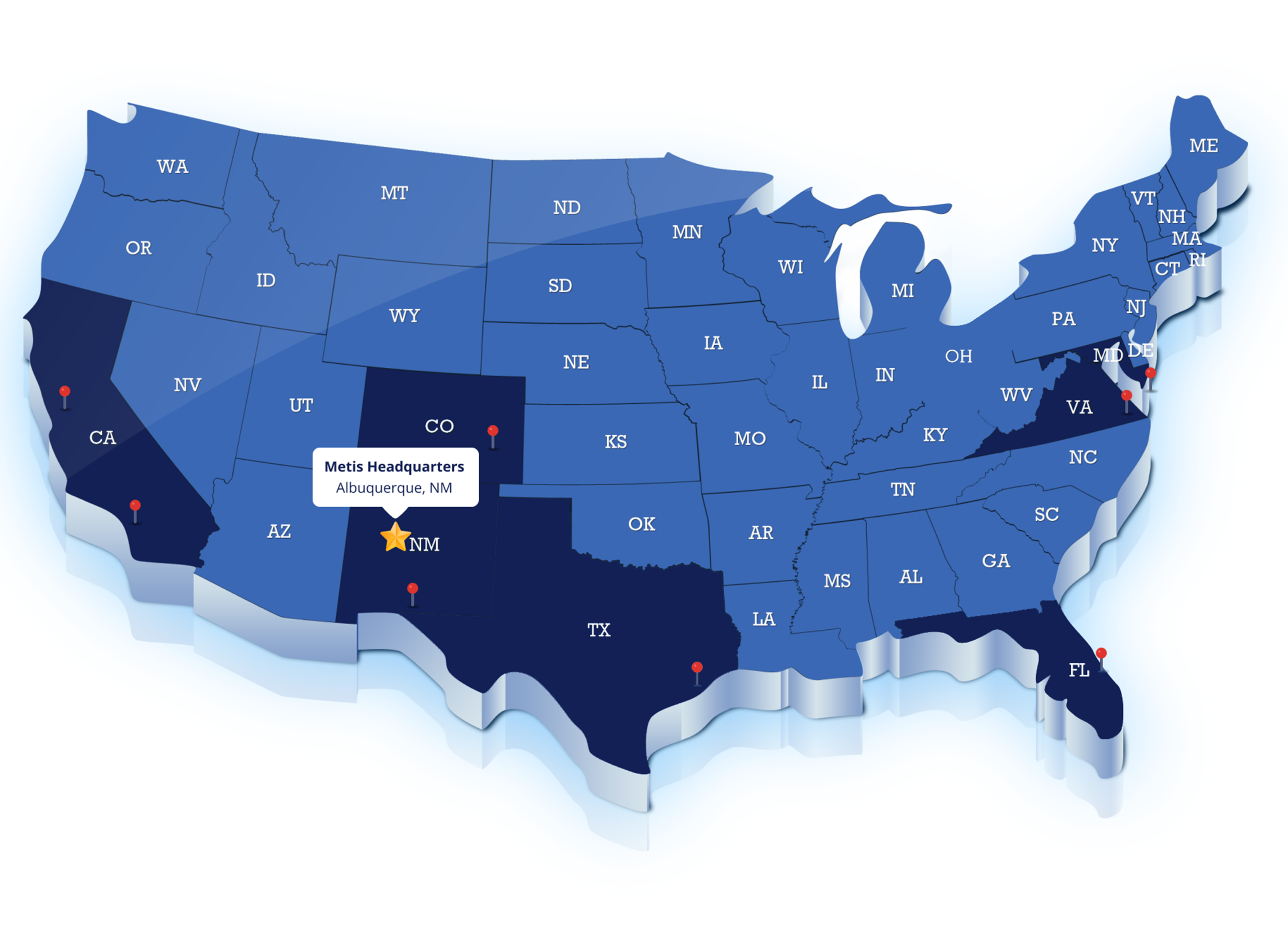 map of the United States show all of the Metis locations.